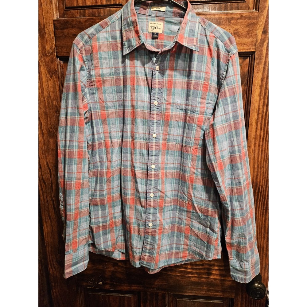 J Crew Mens Slim Fit 100% Cotton Plaid Button Up Dress Shirt Medium Blue Red